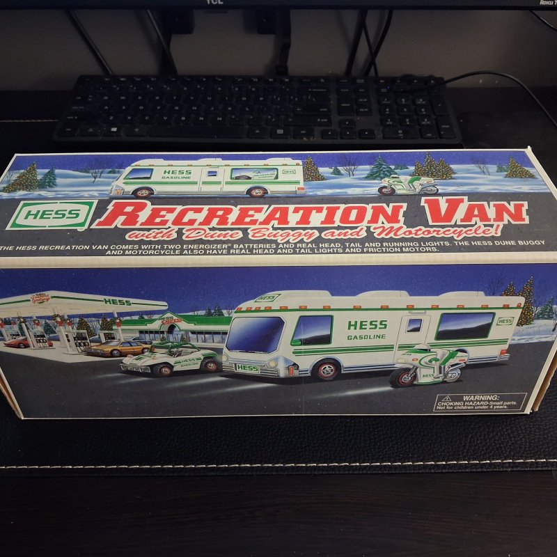 This is a 1998 Hess Recreation Van with Dune Buggy and Motorcycle in its original packaging.